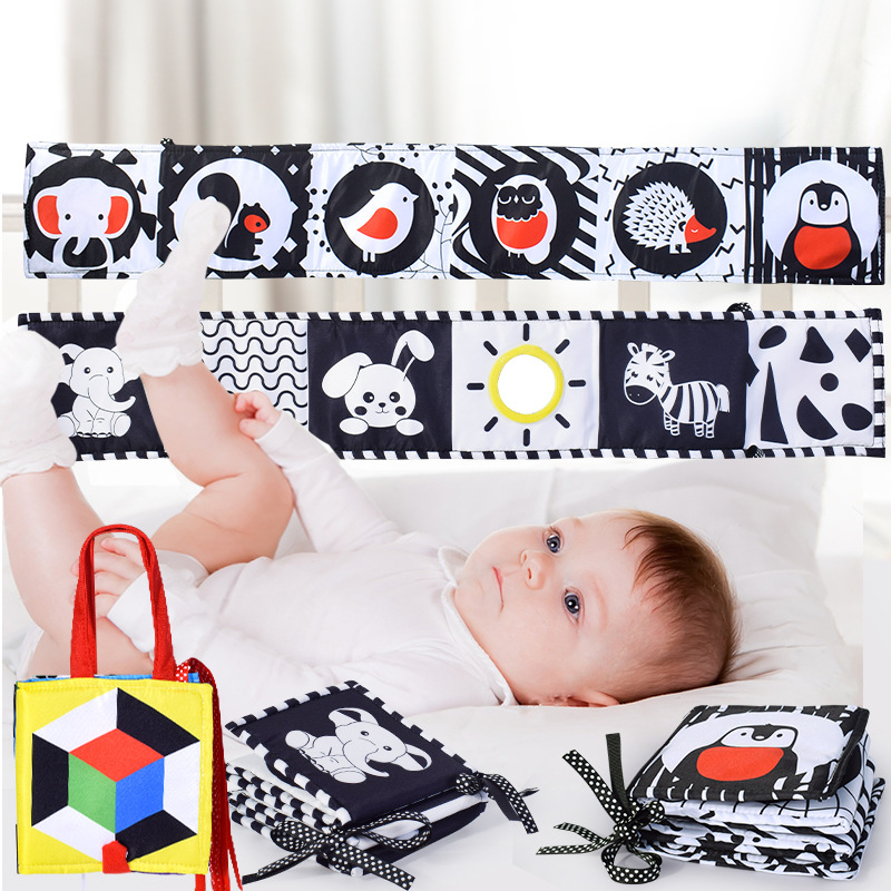 Black and White Double-Sided Haha Mirror Crib Cloth Book Baby Stereo Cloth Book Can Not Be Torn and Can Be Chewed Early Education Toys