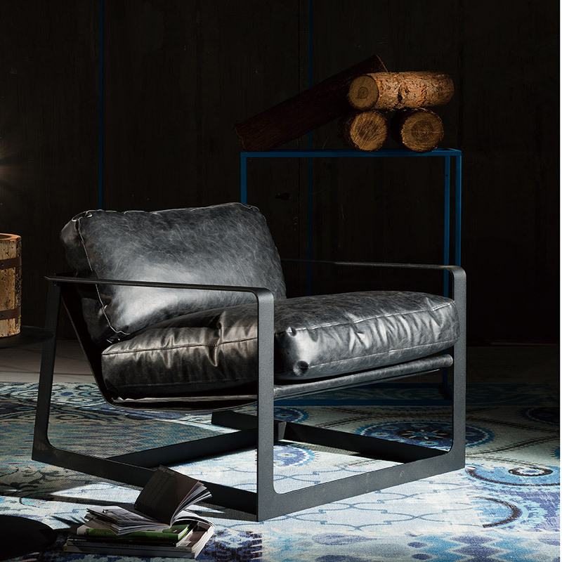 Nordic Designer Single Sofa Chair Home Living Room Balcony Houndstooth Lazy Sofa Wrought Iron Casual Leather Chair