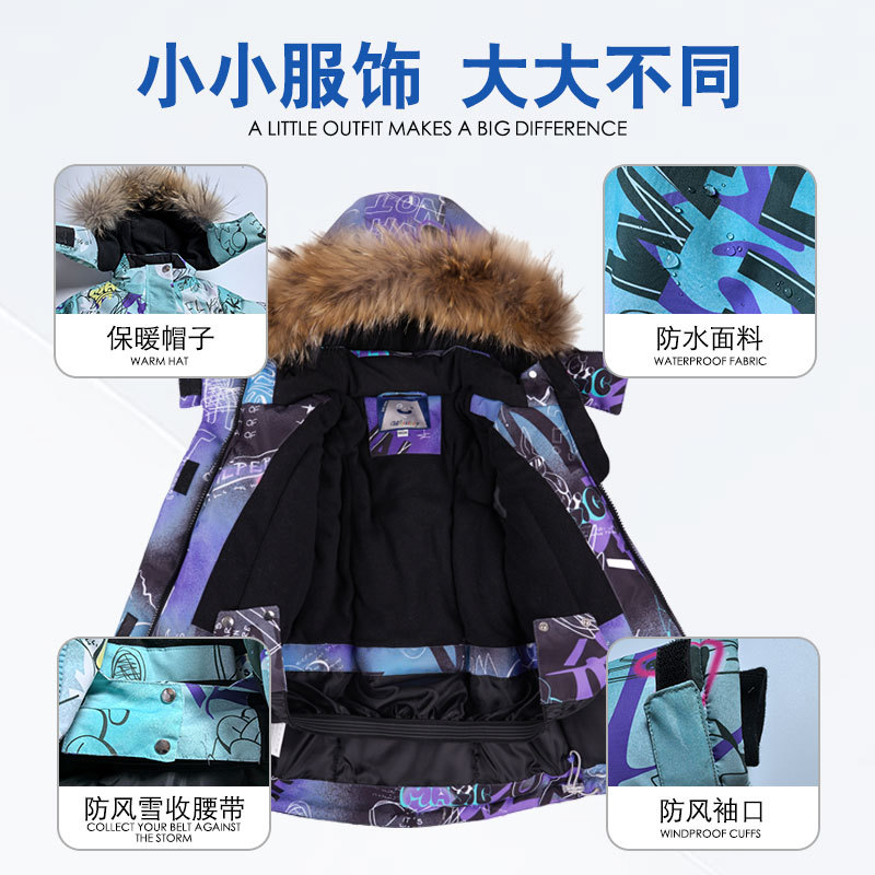 Cross-Border Children's Ski Clothing Fleece-Lined Jacket Top Overalls Children's Clothing Windproof Waterproof Warm Jacket for Small and Medium-Sized Children