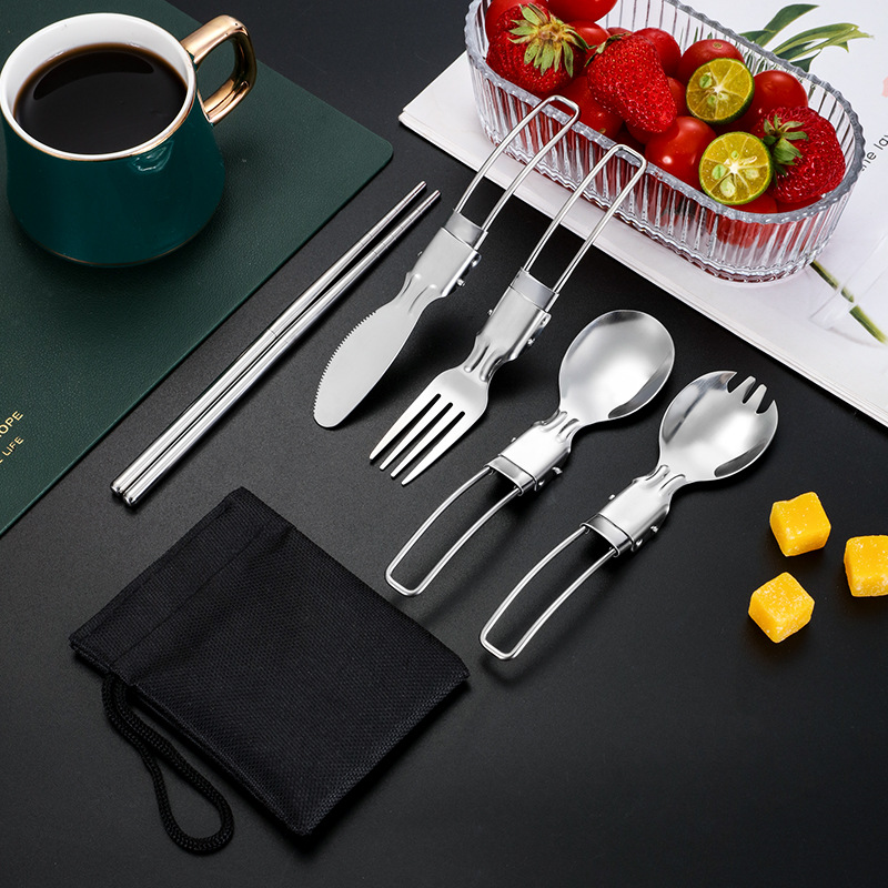 304 stainless steel folding tableware set pair folding knife fork spoon detachable chopsticks outdoor portable tableware bag