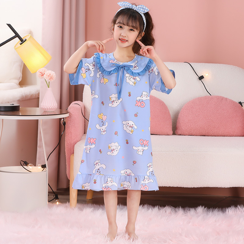 Children's pajamas girls' nightdress short-sleeved summer thin children's clothing girls' medium and big children's air conditioning clothes one-piece pajamas summer clothes
