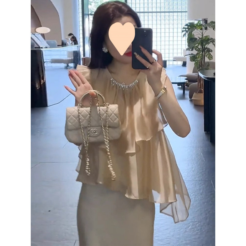 Популярный красивый костюм-юбка для женщин 2025 года, новый топ без рукавов с перламутровым воротником и юбка-русалка, комплект из двух предметов