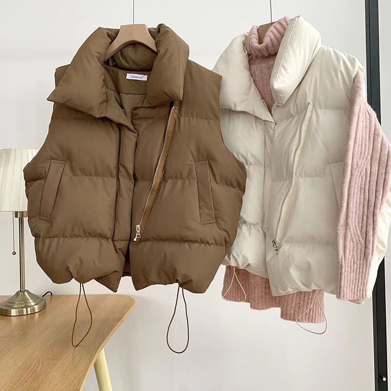 Down Cotton Vest Women's Spring & Fall New Style 2025 Korean Style Loose Vest Stand Collar Pure Color Cotton Vest Outer Direct Sale