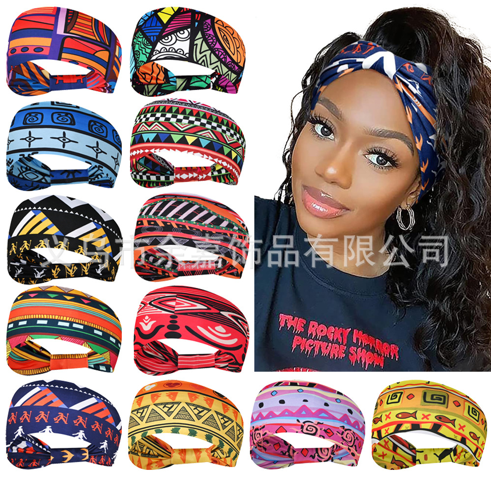 Европейская и американская модная печатная эластичная спортивная повязка на голову в этническом богемном стиле, широкополая заколка с узлом