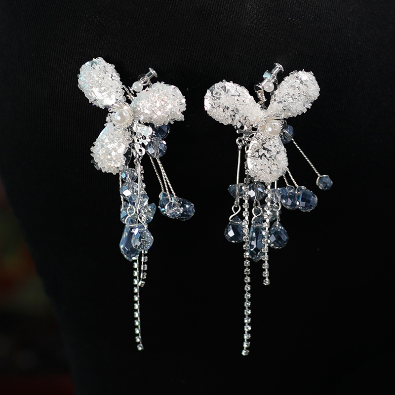 Fashion New High-grade Blue Grey Gold Silk Petal Zircon Crystal Tassel Bridal Hair Accessories Earrings Bridal Dress Accessories