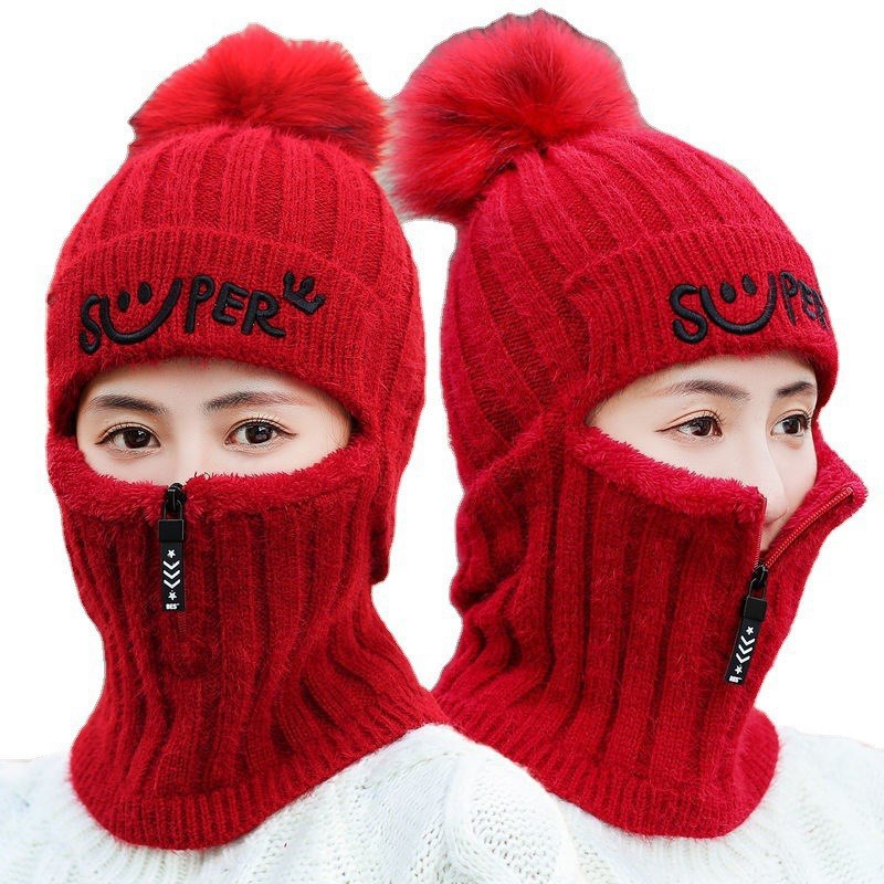 Women's winter knitted wool one-piece hat fleece-lined Korean style versatile ear protection cycling warm thickened wool hat