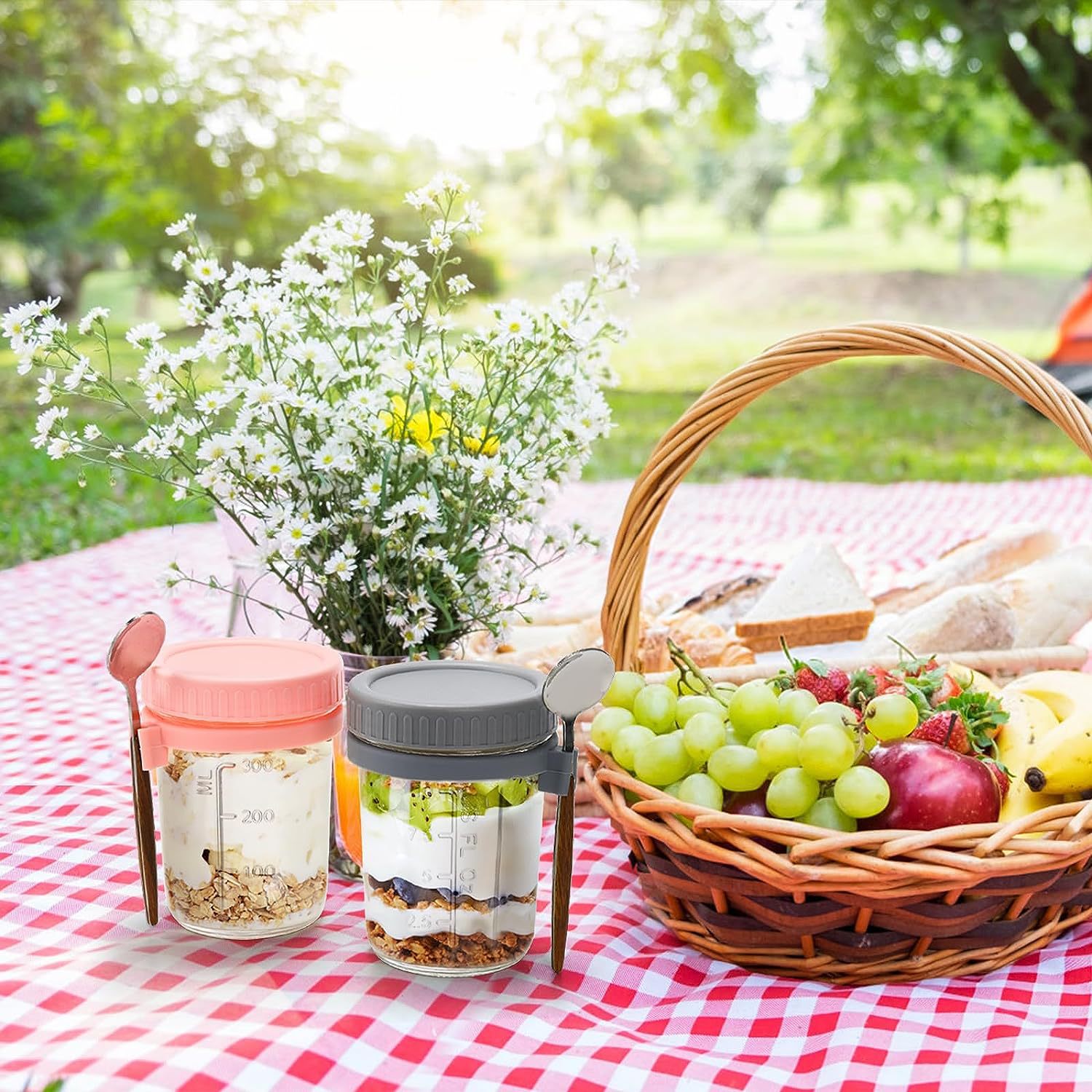 Overnight Oatmeal Cup Yogurt 12oz Breakfast Cup Mason Cup Milk Glass with Spoon and Lid Graded Salad Cup