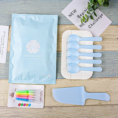 Disposable Paper Plate Knife and Fork Plate Candle Set Cake Tableware Dinner Plate Four-In-One Combination Birthday Knife and Fork Plate Fork