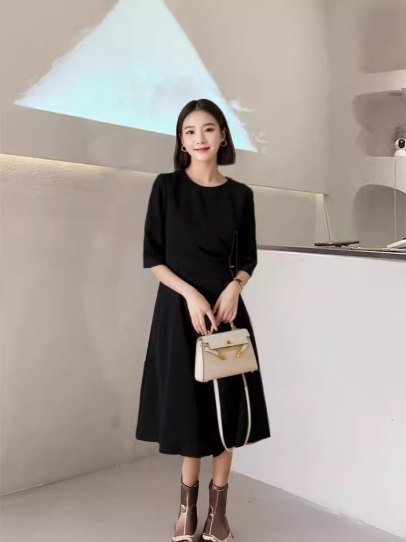 2691 Plus Size Women's French Boat Neck Waist Pleated Internet Celebrity Dress Plus Size Casual Fashion Mid-Length Skirt