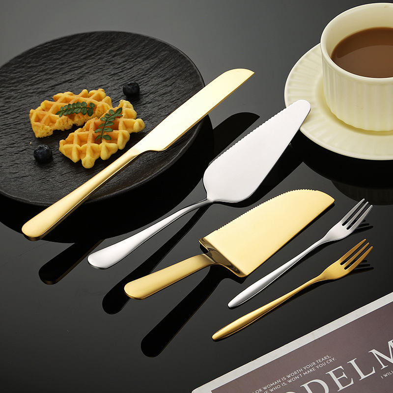 Stainless steel cake shovel manufacturers moon cake knife and fork bread knife with teeth triangle shovel fruit fork suit baking tools