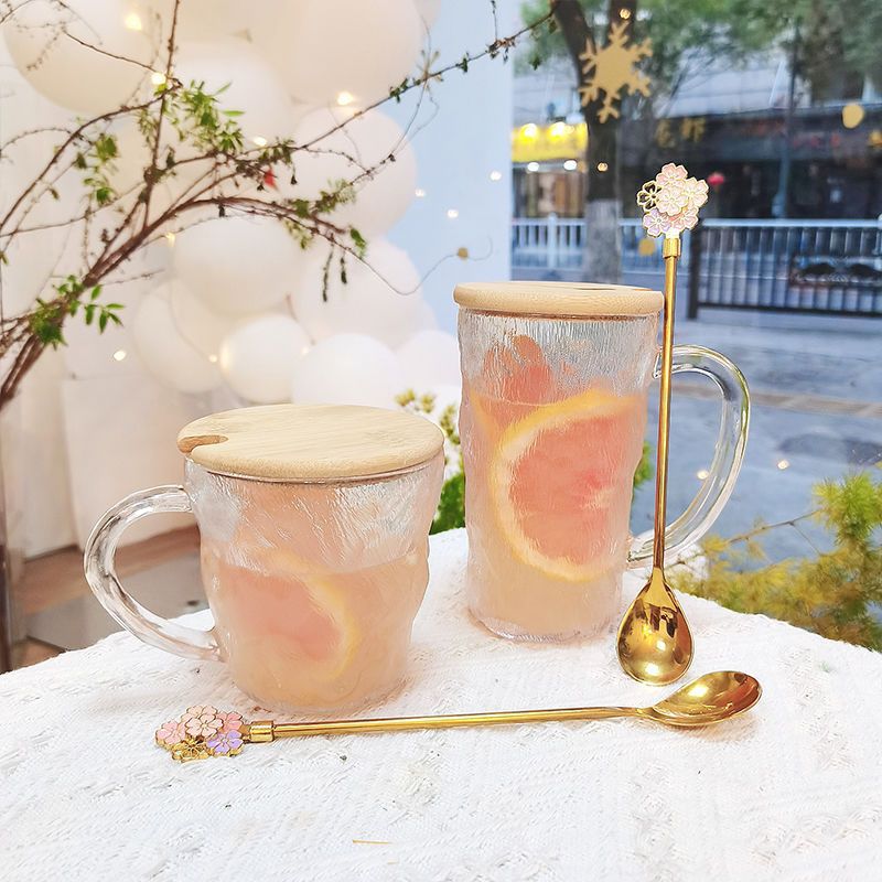 Ins-Style Glass Cup with Handle and Spoon, Glacier-Patterned Glass Cup, Women's Milk Coffee Cup, Zao Mengnuo