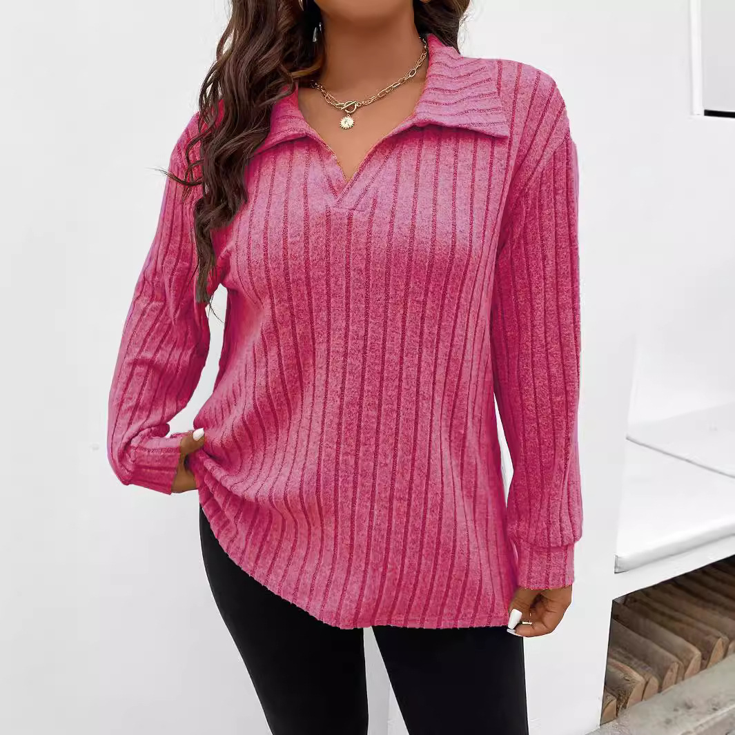2025 Amazon Autumn and Winter New Pure Color Plus Size Women's Tops V-Neck Lapel Long-Sleeved Pit Brushed T-Shirt Loose