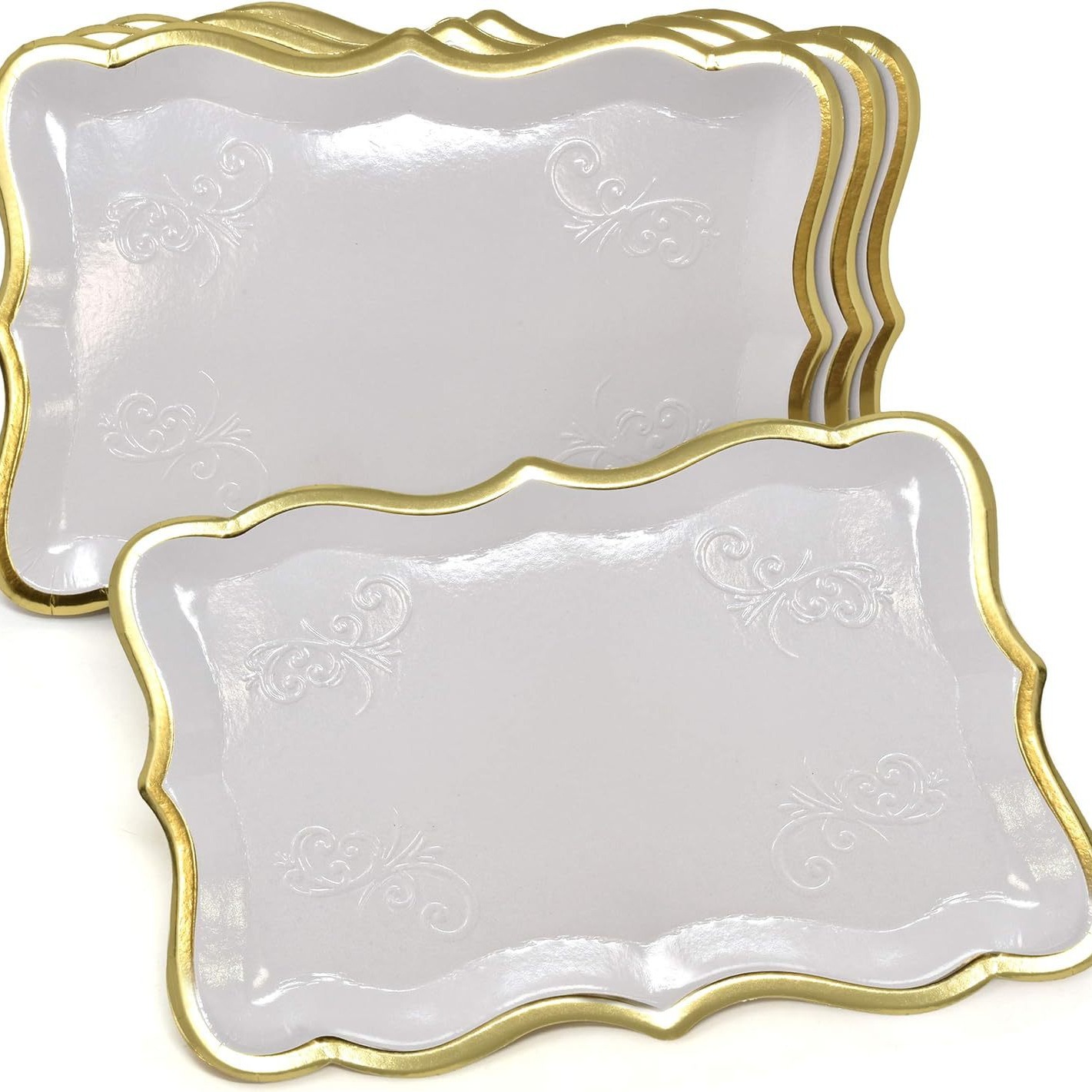 Прямоугольный поднос с белой золотой каймой для десертов, одноразовый бумажный поднос для вечеринки