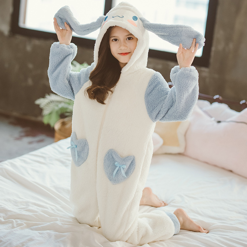 Girls' Autumn and Winter One-piece Pajamas Flannel One-piece Girls' Thickened Baby's Cute Cinnamon Dog and Velvet Pajamas
