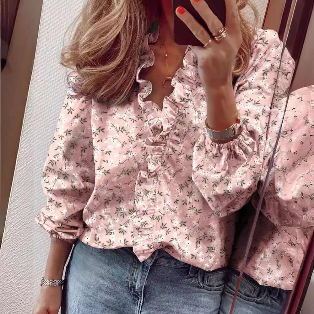 2023 Amazon wish independent station ebay spring and summer Europe and the United States new long sleeve ruffled shirt women's shirt