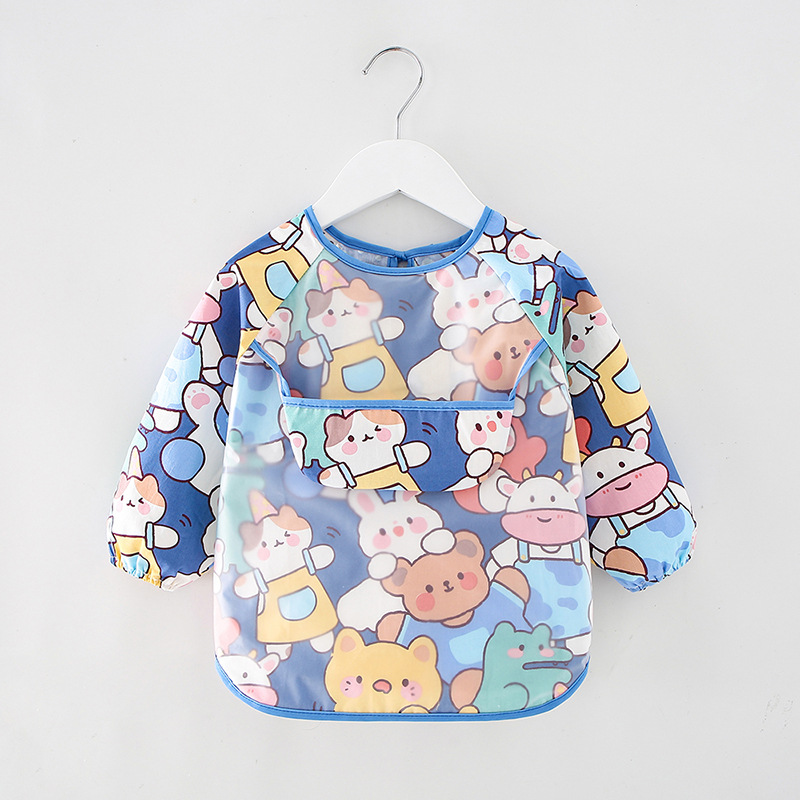 Children's Smock Waterproof Long-Sleeved Reverse Dressing Baby Eating Clothes Apron Pure Cotton Kidsren's Bib Protective Clothing with Rice Pocket