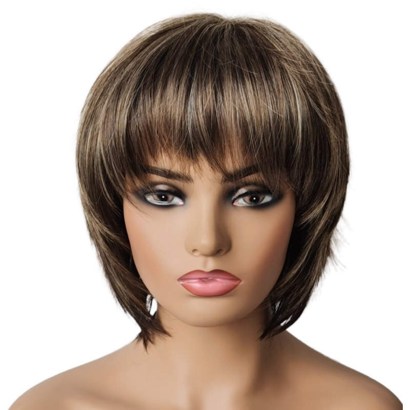 Wig Processing Export Best-Selling Fashion Women's Wig Manufacturer Direct Sales Mixed Color Straight Hair Air Bangs Short Hair