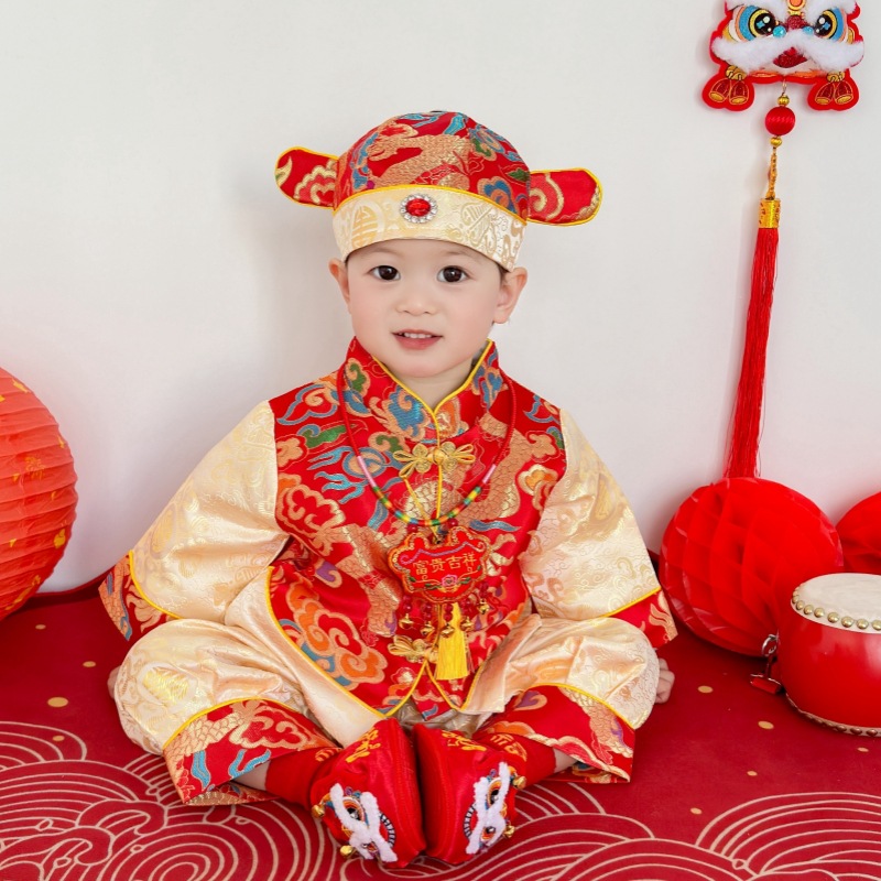 25 Spring New Products New Chinese-style Weeks Grab Dress for Boys Baby and Young Children Birthday Banquet Festive suit Baby One-year-old Crown Coat
