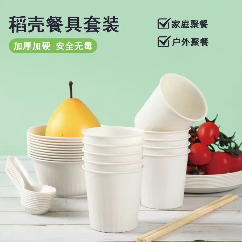 Rice Husk Disposable Tableware, Individually Packaged Bowls, Wine Glasses, Spoons, Tea Cups and Saucers, Biodegradable Set for Hotel Wedding Banquets