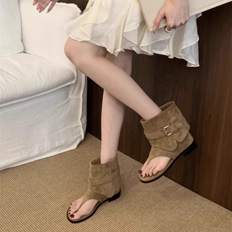 French-Style Back-Strap Thong Sandals for Women, 2025 Summer New Flat Sandals with Slip-On Pant Leg Fashion Roman Ankle Boots
