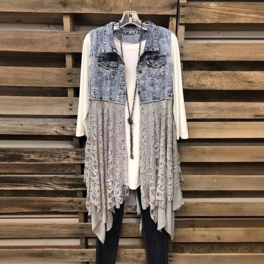 ins2021 Популярная женская куртка в европейском и американском стилях, весна и лето, джинсовый жилет с кружевной отделкой, новый дизайн