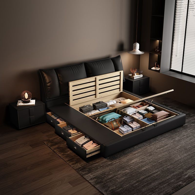 Minimalist Italian Leather Bed Double Bedroom Black Master Bedroom Large Bed Elephant Ears Storage Light Luxury New Product