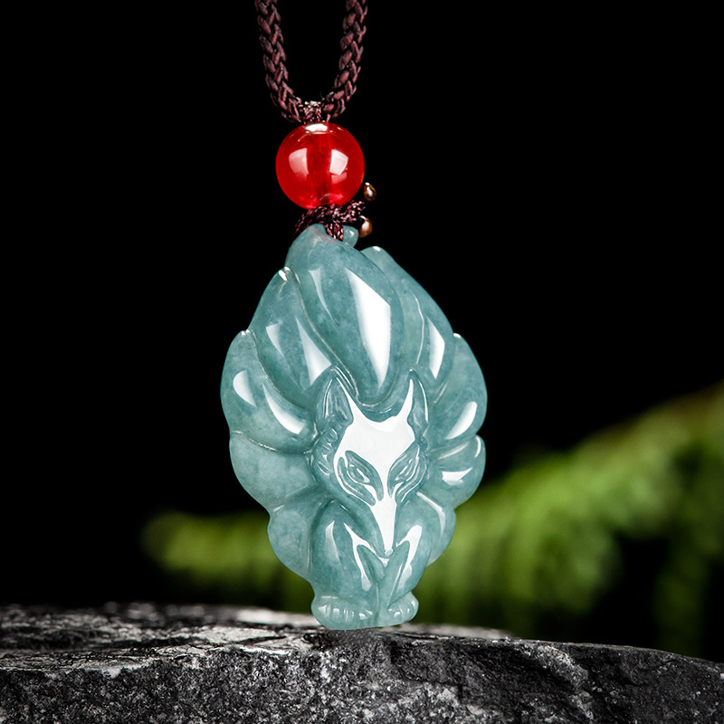 genuine goods natural A goods jade blue water fox fairy nine-tailed fox pendant glutinous jade pendant flower women's wholesale