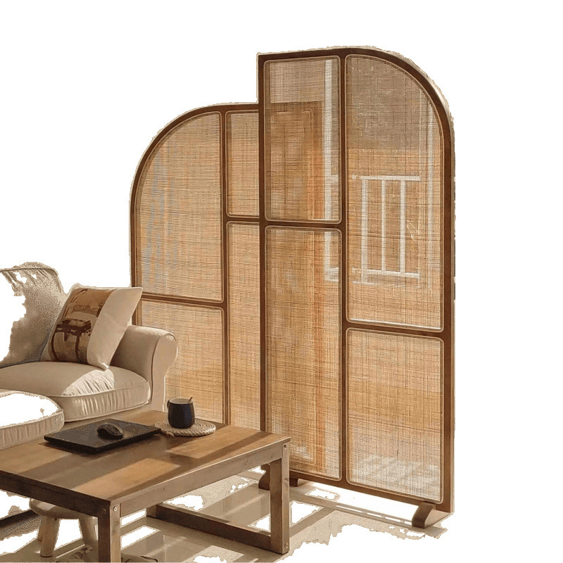 Japanese-Style Solid Wood Rattan Screen New Model for Small Living Rooms, Retro Partition Wall, Movable Bathroom Entrance Screen