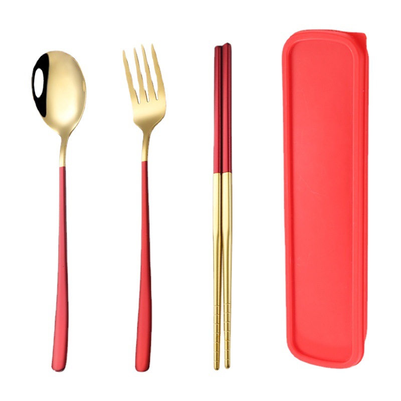 Stainless Steel Korean Portable Tableware Fork Spoon Chopsticks Set Gift Storage Box Student Tableware Three-Piece Set