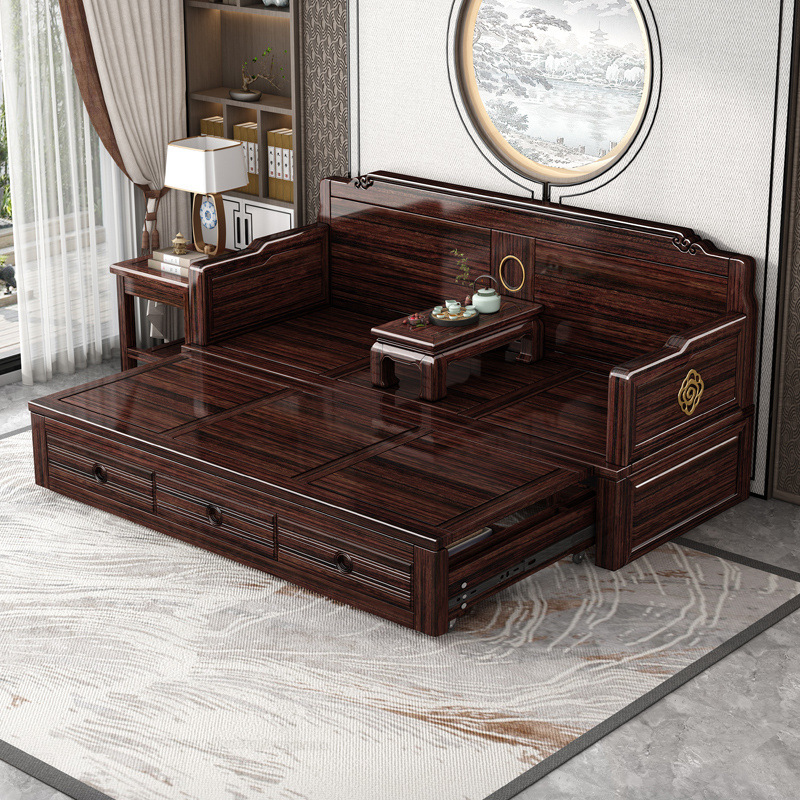 Luohan Bed Solid Wood Sliding High-End Sliding Folding Sofa Bed Dual-Purpose Room Living Room Purple Sandalwood Bed Complete Set