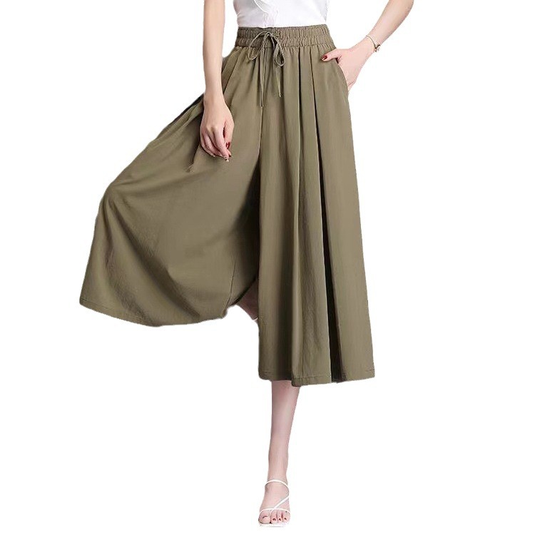 Ice Silk wide-leg pants high waist draping culottes summer thin women's pants new middle-aged cropped casual big-leg pants