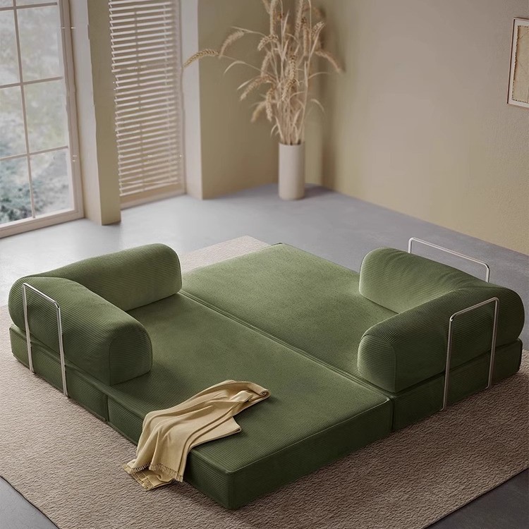 Antique Fabric Sofa Module Small Apartment Living Room Double Three-Person Straight-Row Retro Folding Dual-Use Pudding Sofa Bed