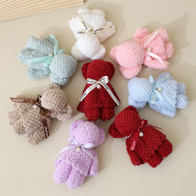 Coral Fleece Bear Pearl Hand Gift Towel Wedding Birthday Gift Festival Opening Creative Hand Gift Towel