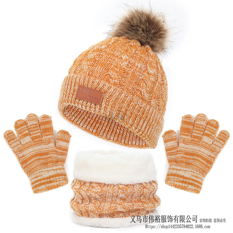 Cross-border European and American variegated children's hat scarf gloves three-piece autumn and winter New Single ball baby hat