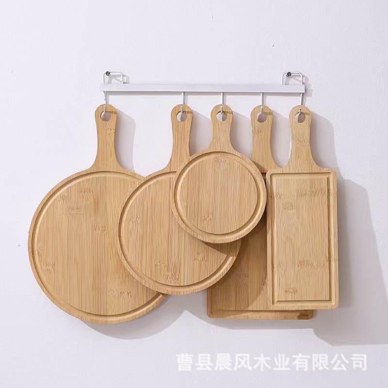 Creative Home Pizza Bamboo Tray Western Food Steak Solid Wood Tray with Handle Round Sushi Wooden Tray