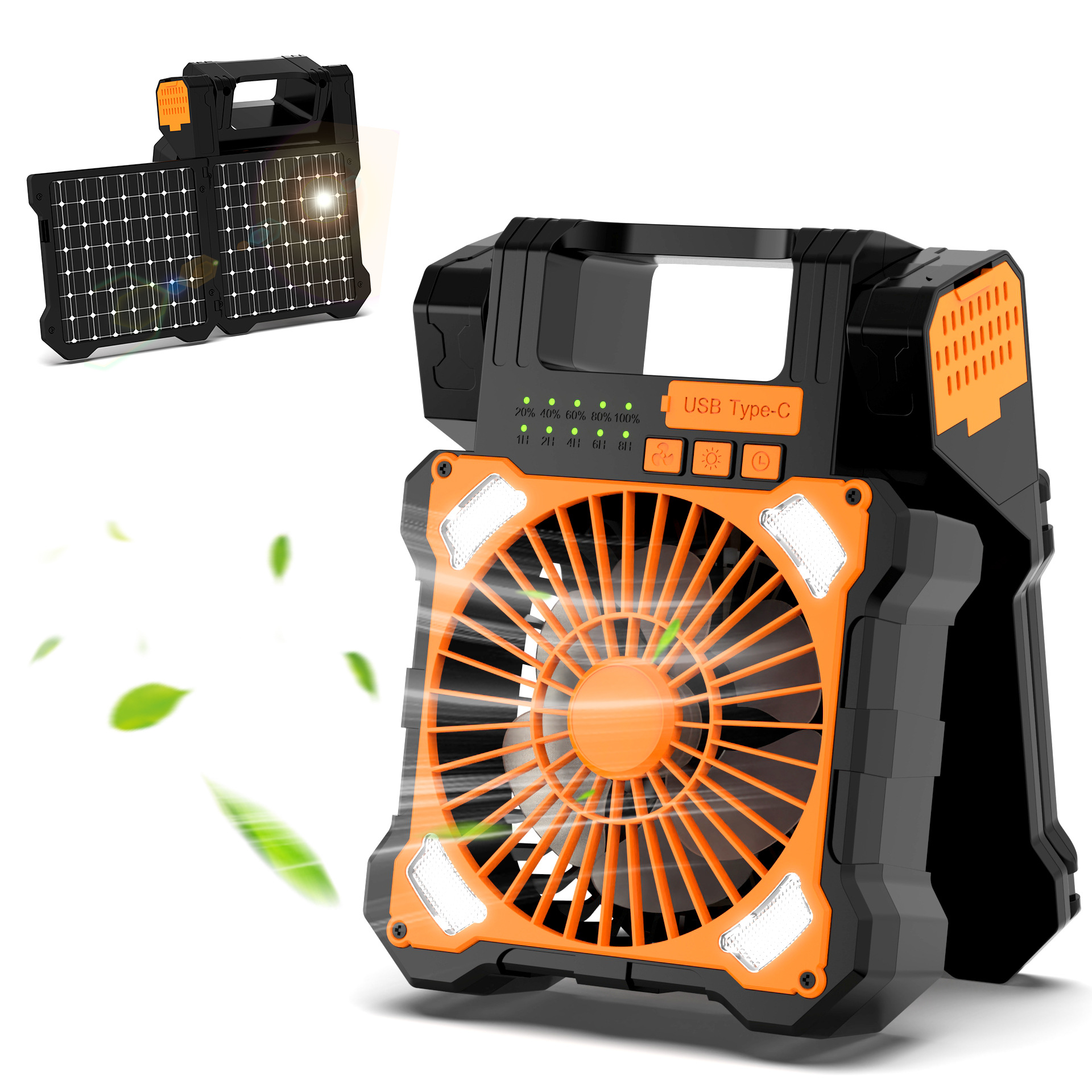 Солнечный вентилятор для кемпинга с литиевым аккумулятором, портативный USB вентилятор с двумя солнечными панелями