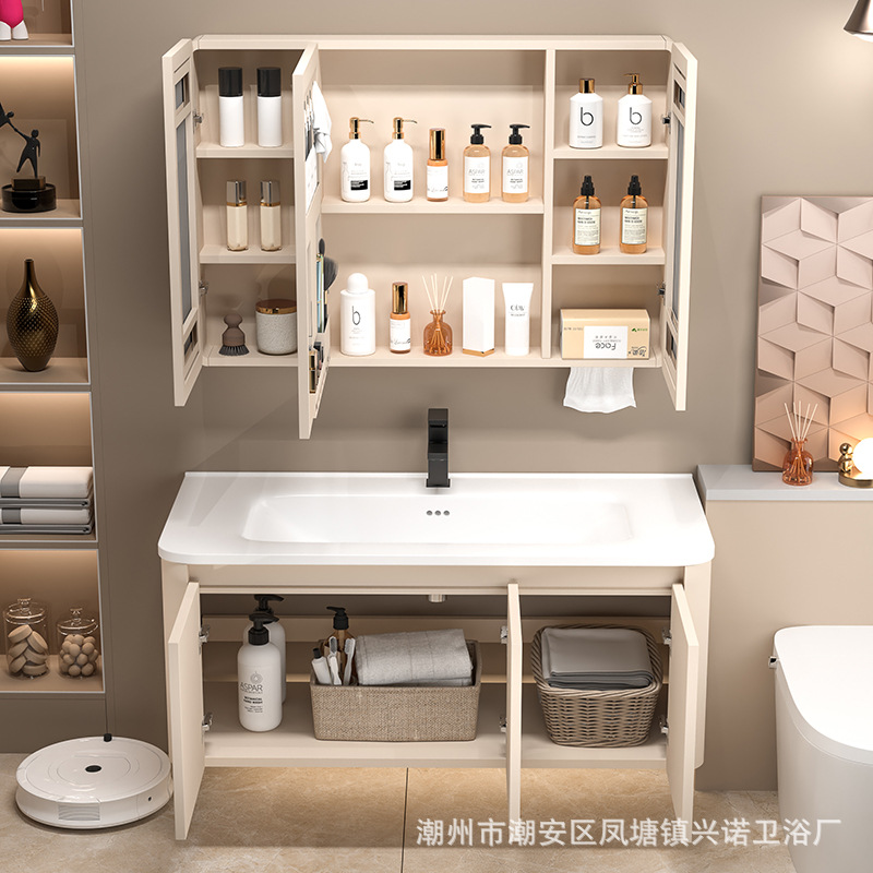 Cream Style Space Aluminum Bathroom Cabinet Washbasin Cabinet Combination Bathroom Ceramic Integrated Washbasin Washbasin Surface