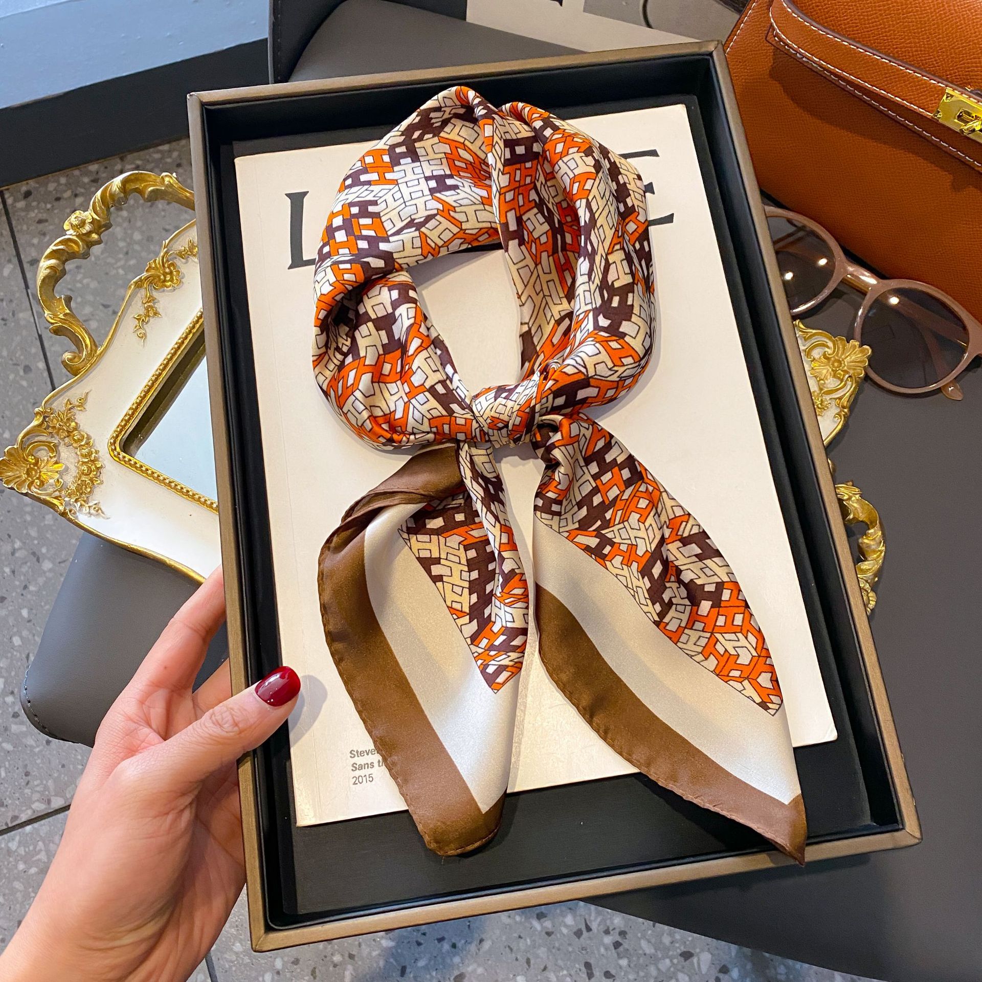 Small Silk Scarf Women's All-match High-end Decorative Square Scarf Professional Small Scarf Silk-like New Korean Style Ribbon Tie Bag
