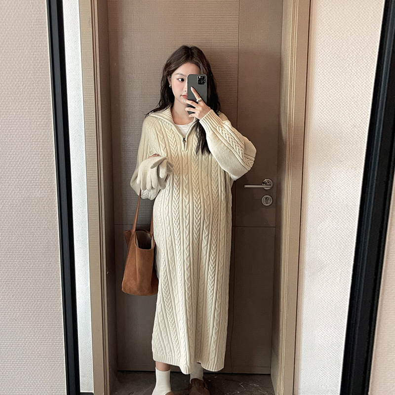 Autumn and Winter New Maternity Wear Korean Style Long Maternity Sweater Skirt Half Zipper Twist Long Skirt Casual Slimming Look Half Turtleneck