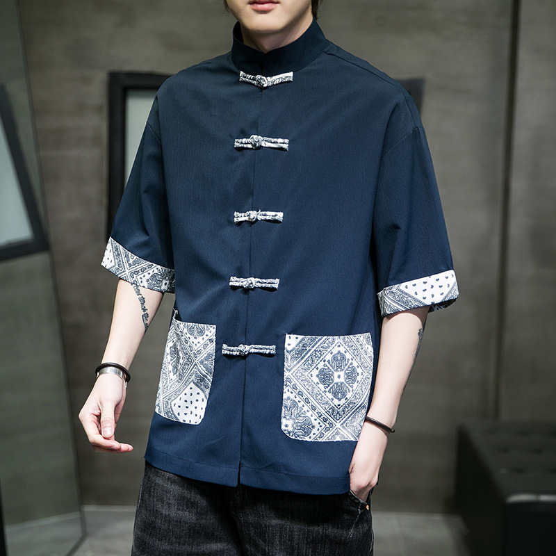 2022 Summer New Men's Ice Silk Shoulder Sleeve Hanfu Tang Suit Chinese Style Buckle Stand Collar Men's Short Sleeve Shirt
