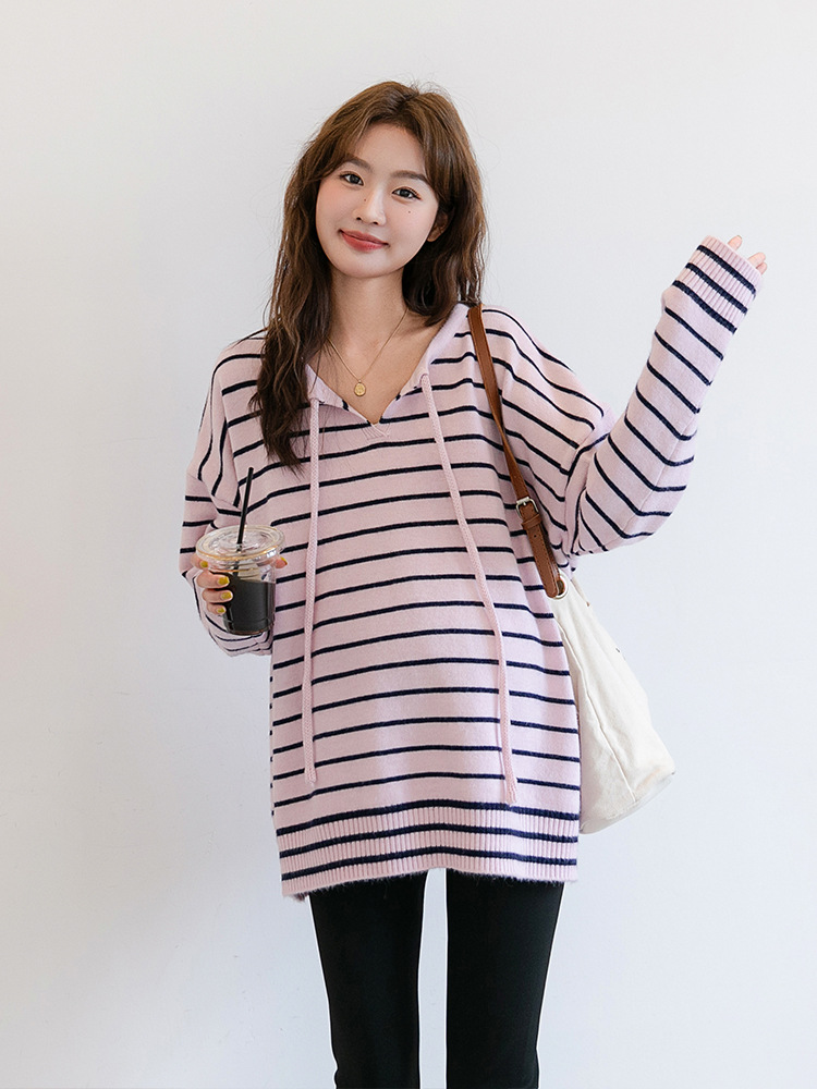 Autumn and Winter Maternity Fashion Striped Lace-up Maternity Sweater Base Shirt Loose Mid-length Casual Inner Knitted Sweater