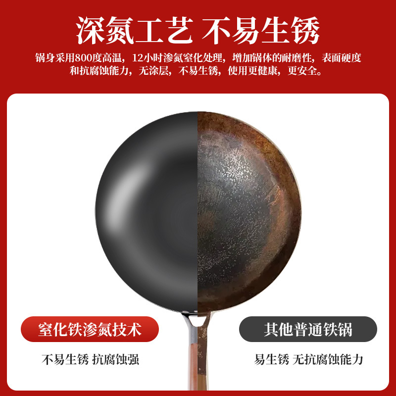 Old-Fashioned Zhangqiu Iron Pot Household Uncoated Round Bottom Wok Nitride Wrought Iron Pot Non-Stick Pot Non-Rusting Gift Pot