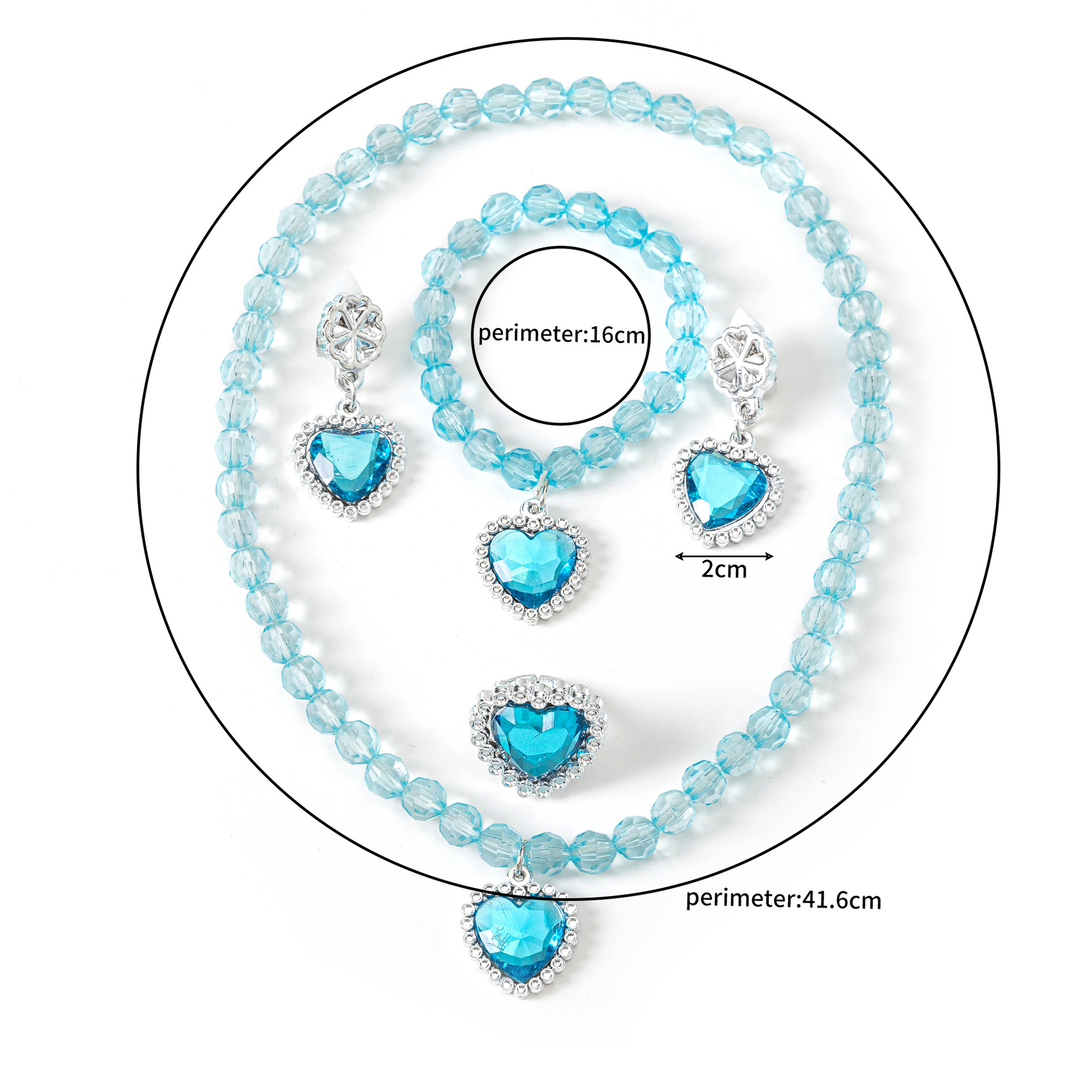 Girl's cartoon bead chain frozen children's necklace peach heart earrings bracelet Diamond ring suit in stock