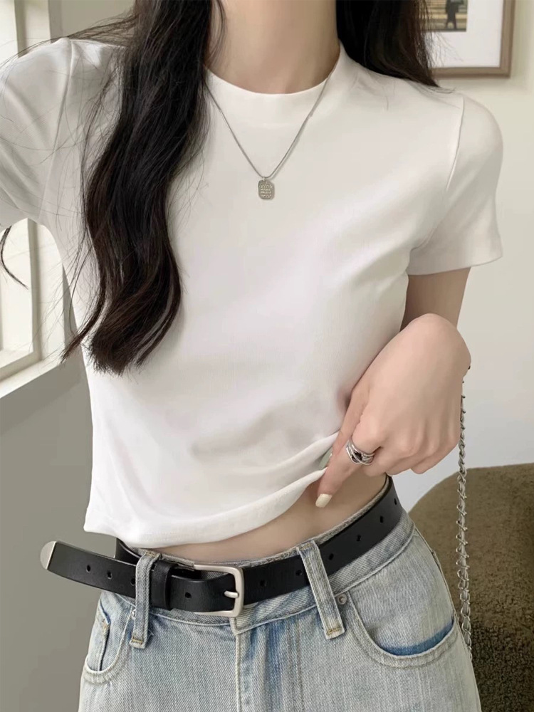Футболка из чистого хлопка для женщин, лето, короткий рукав, высокая талия, сексуальная, облегающая, однотонная, базовая футболка