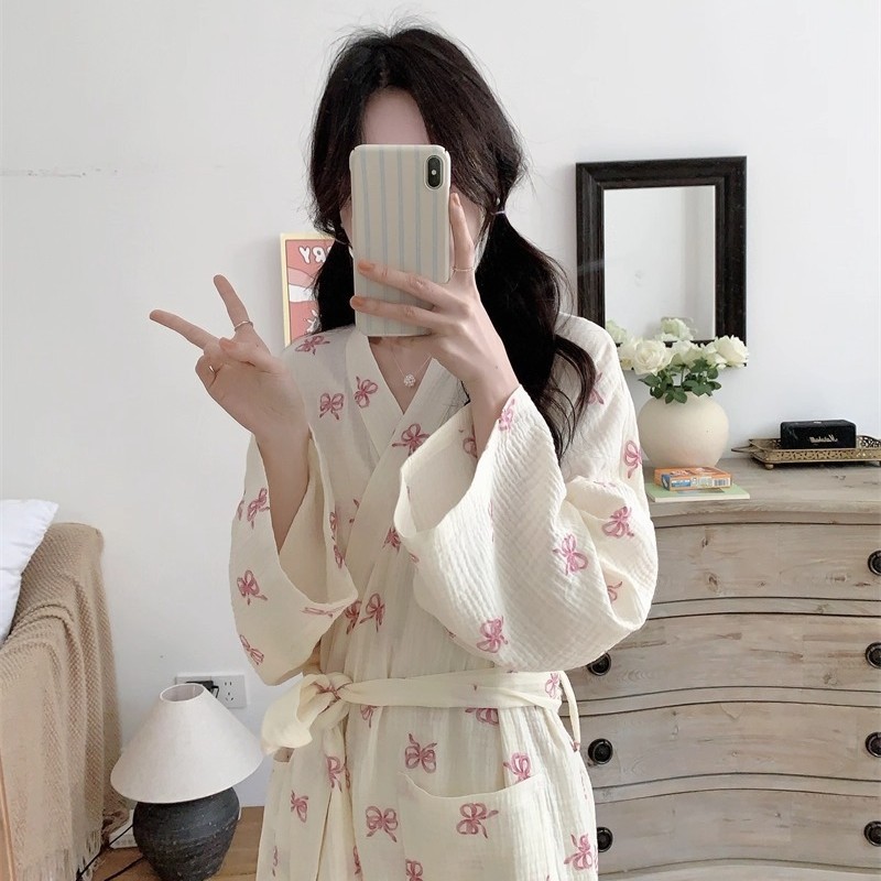 New Spring and Autum Pajamas for Women Korean Style Simple and Comfortable Nightgown Bow Casual Loose Home Wear Nightgown Summer