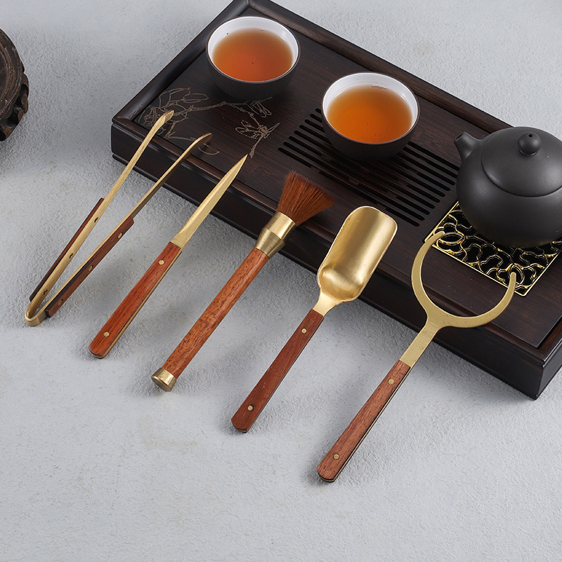 Pure brass tea ceremony six gentlemen suit brass solid wood combined tea clip teapot pen kung fu tea set accessories six gentlemen