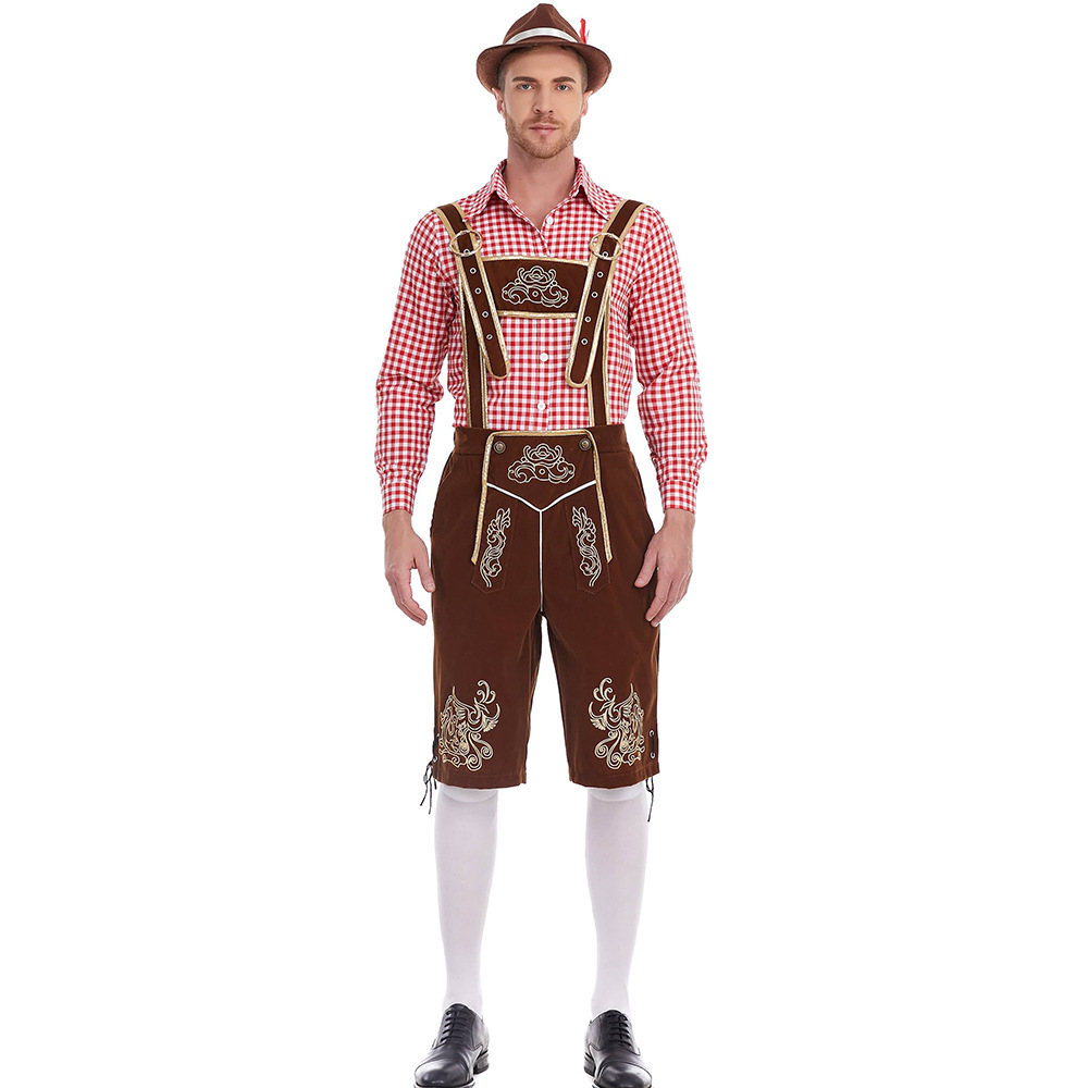 Bavarian German national traditional men's beer festival clothing plaid shirt embroidered suspender pants with hat suit