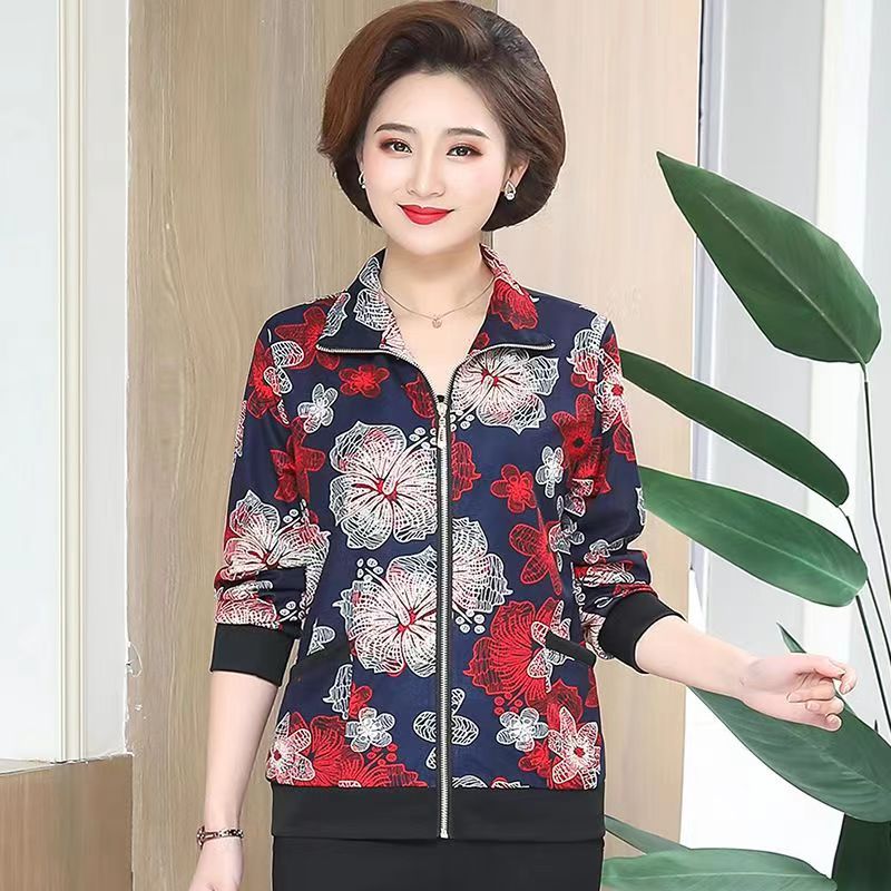 2024 new middle-aged mom spring and autumn clothing jacket thin middle-aged and elderly women's jacket long sleeve loose top batch