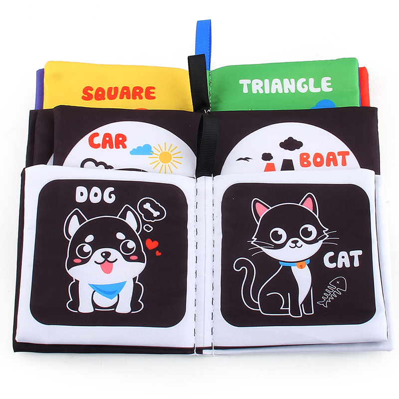 Early Education Baby Black and White Cloth Book Hand Can't Tear Cloth Book Color Cognition Animal Belt Ring Paper Baby Cloth Book