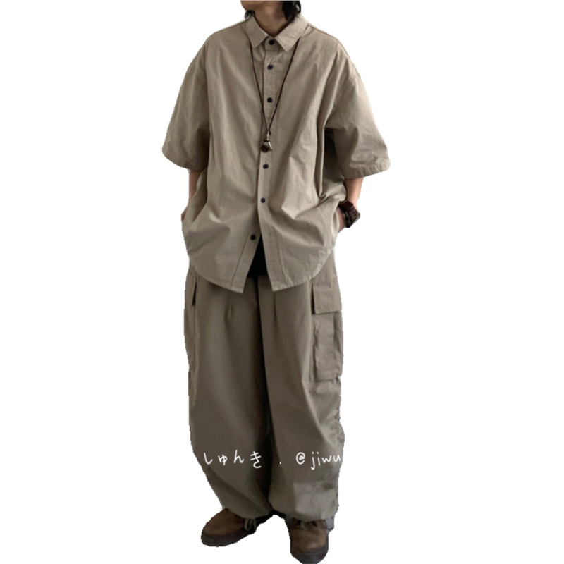 Jiwuus Summer Japanese Retro Tooling Short-sleeved Shirt All-match Loose Lazy Style Large Size Shirt for Men and Women Students